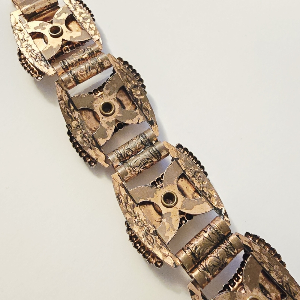 3/$50 Vintage 50s 60s copper gold stone lucite pannel link bracelet - Picture 7 of 7